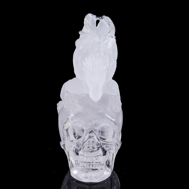 5-inch Clear Crystal Skull & Pterosaur Hand-Carved Ornament - Unique Home Decor for Display, Ideal Gift for Crystal Collectors, Symbolic Artwork