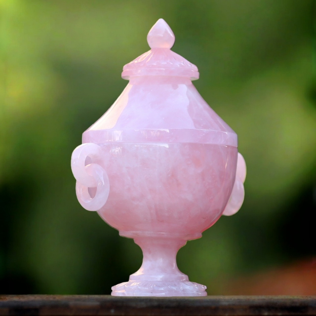 11.0” Natural Rose Quartz Hand Carved Decorative Storage,Candy Bowl with Lid