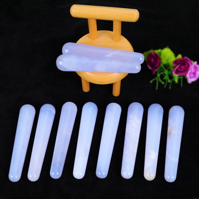 Blue Chalcedony Cylindrical Massager - Natural Gemstone Face & Body Roller for Stress Relief, Skin Rejuvenation & Muscle Relaxation