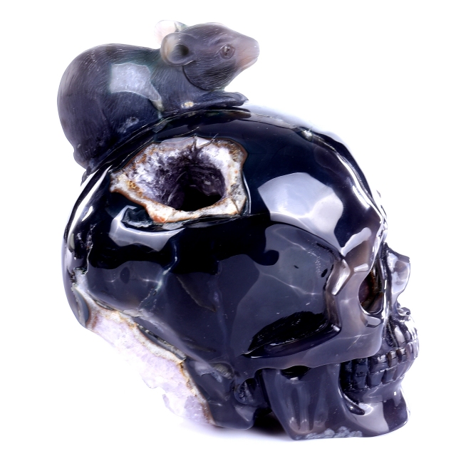 Hand-Carved Amethyst Cluster Skull with Mouse - Natural Gemstone Artifact for Crystal Collectors, Home Decor & Spiritual Practices