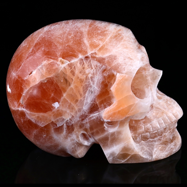 7.7" Orange Selenite Hand Carved Crystal Realistic Skull Sculpture