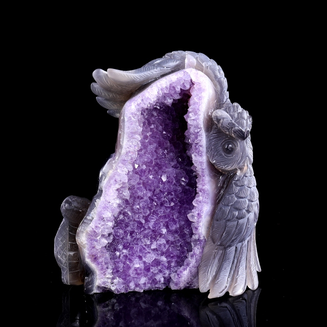 Hand-Carved Amethyst Cluster Owl & Snake Sculpture - Natural Gemstone Artifact for Crystal Collectors, Home Accent & Spiritual Healing