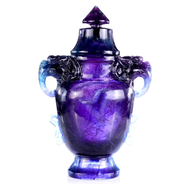 10.6” Natural Fluorite Hand Carved Crystal Vase with Lid