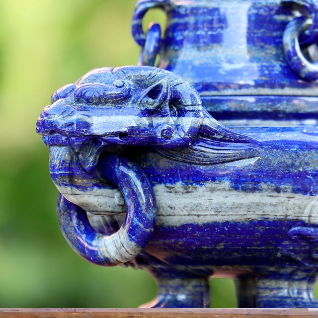 9.0” Natural Lapis Lazuli Hand Carved 3 Foot Censer with Lid Gemstone Tripod