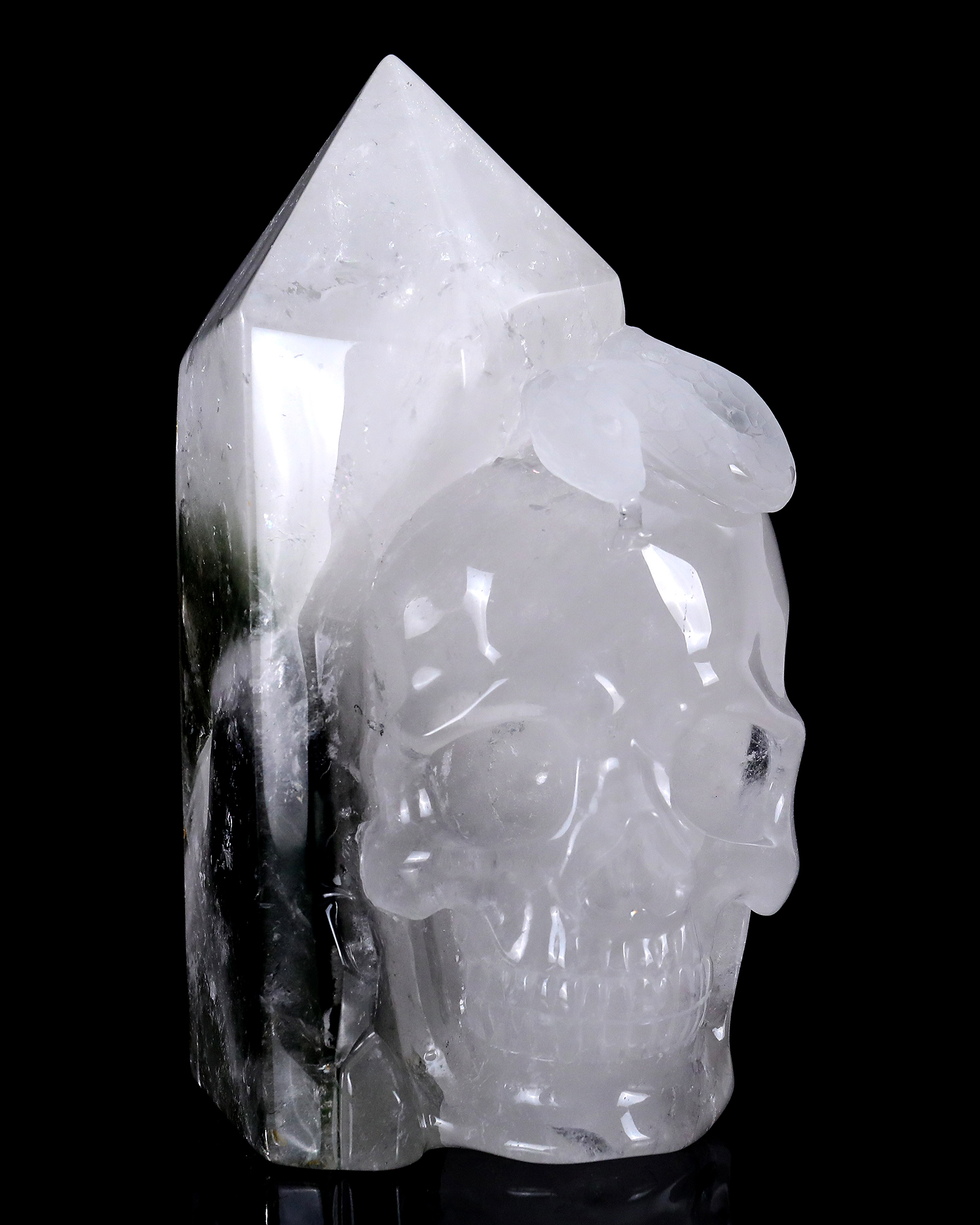 9.2" Natural Hand-Carved Phantom Quartz - Skull and Snake Gemstone Figurine
