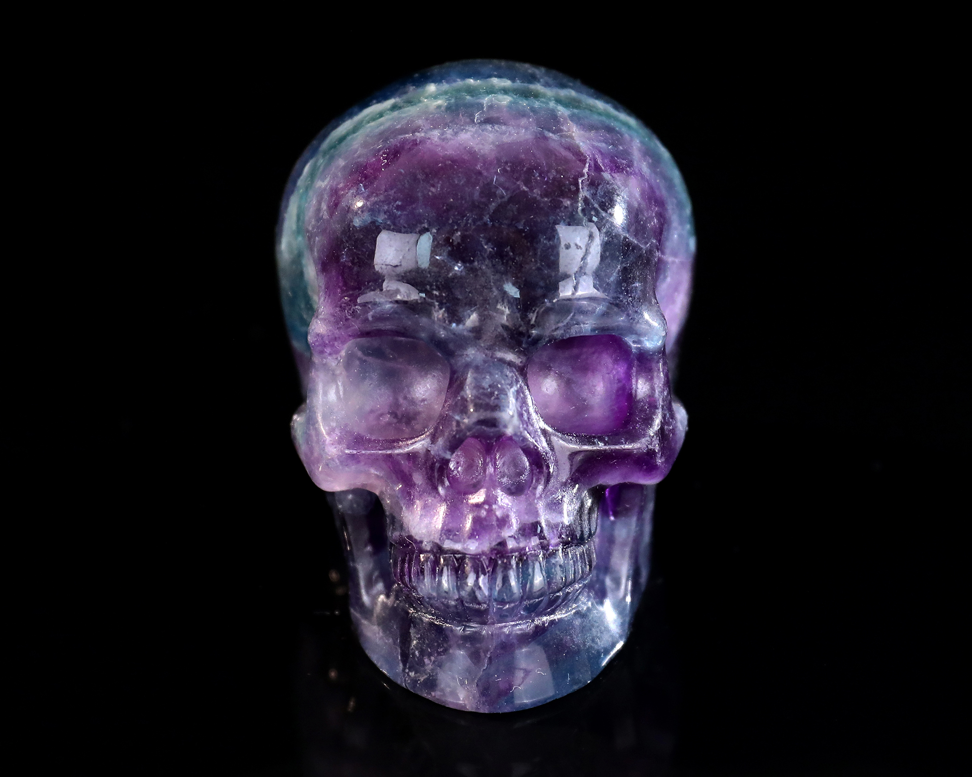 Ice-Clear Multihued Natural Fluorite Skull - Artisan Hand-Carved Sculpture