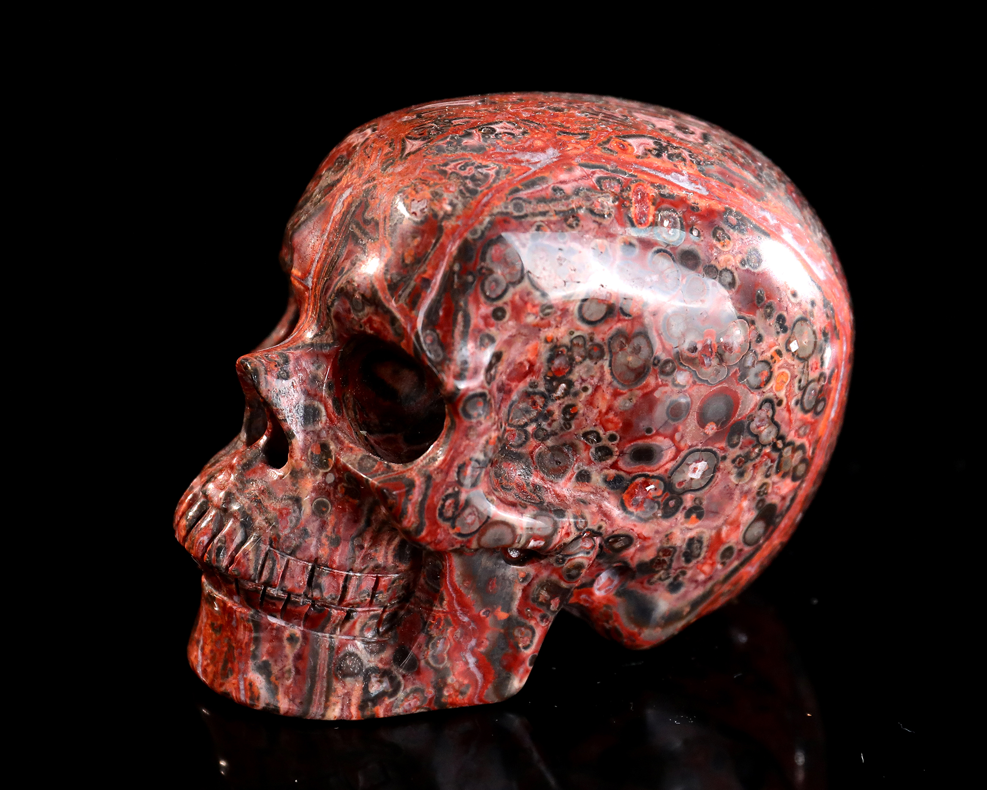 Flecked Orbicular Red Leopard Jasper Skull - Artisan Hand-Carved Natural Stone Sculpture