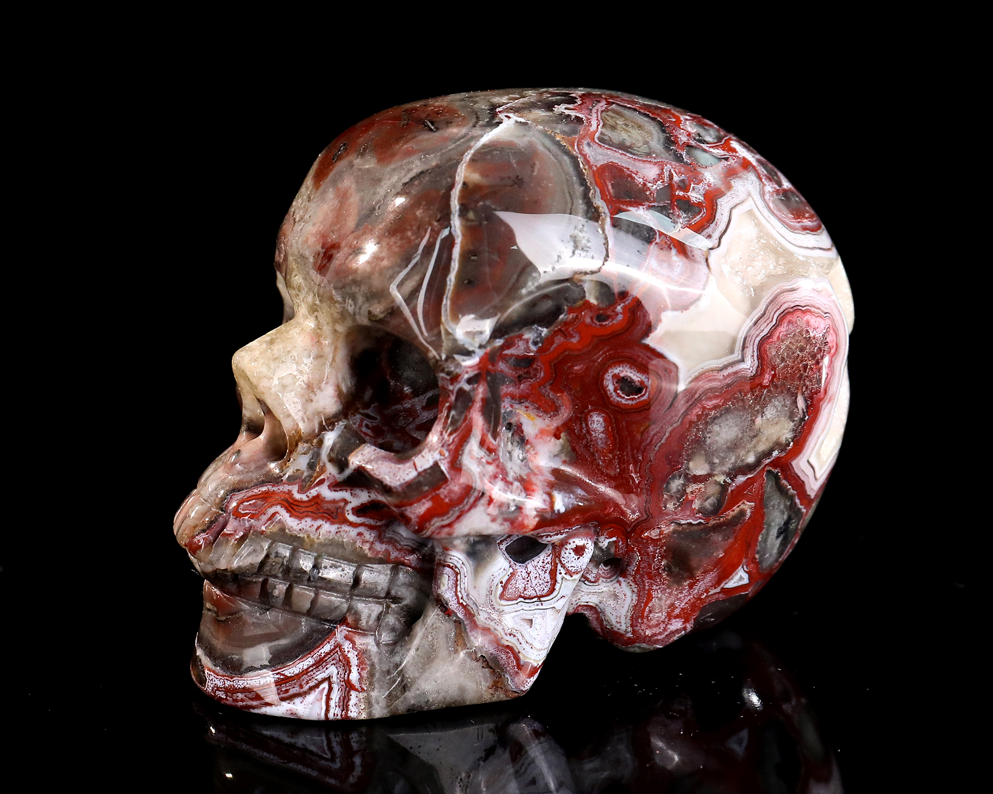 Intricate Veined Natural Red Lace Agate Skull - Artisan Crafted Crystal Sculpture