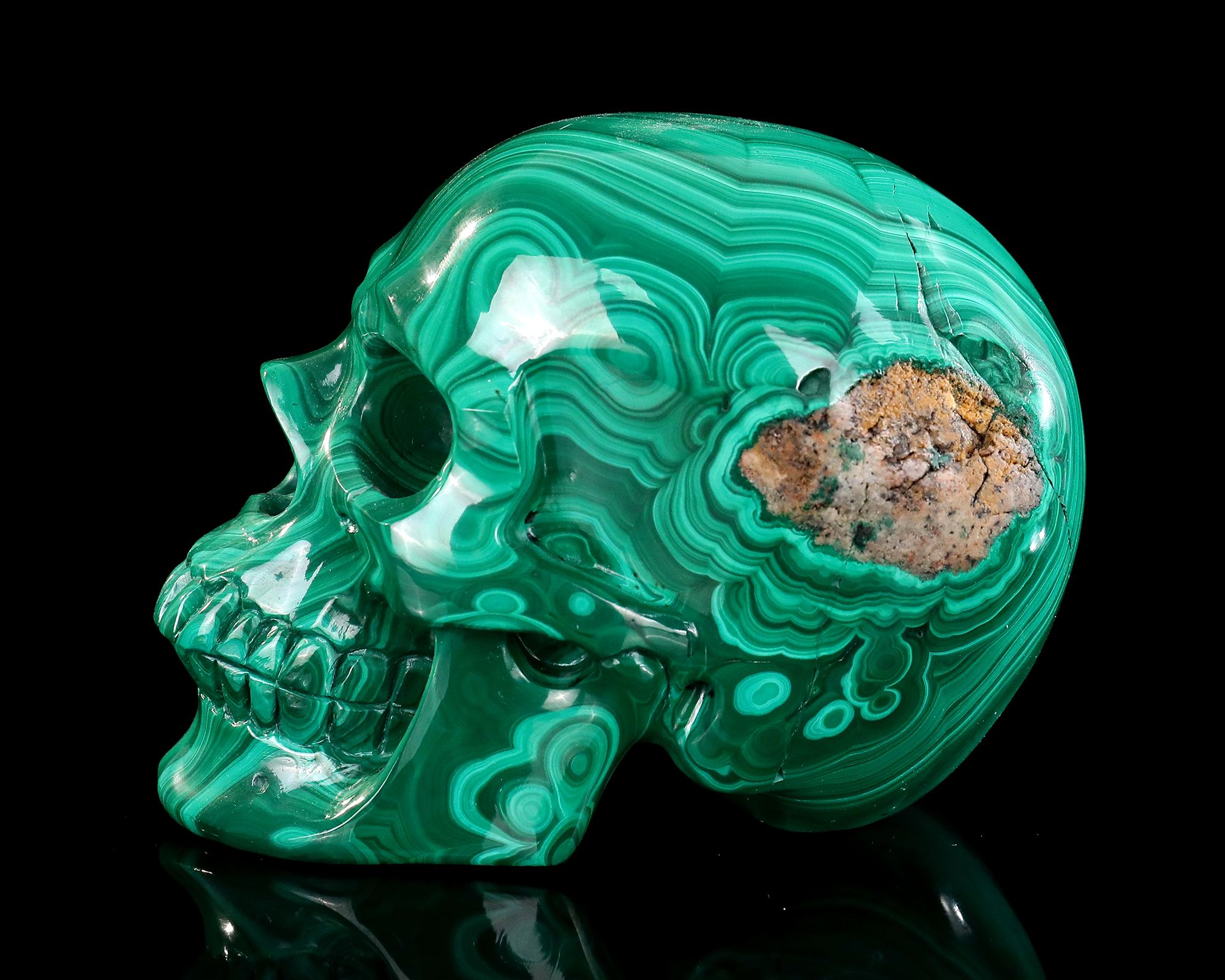 5.0" Hand-Carved Polished Natural Malachite Skull - Unique Gemstone Skull Art Piece