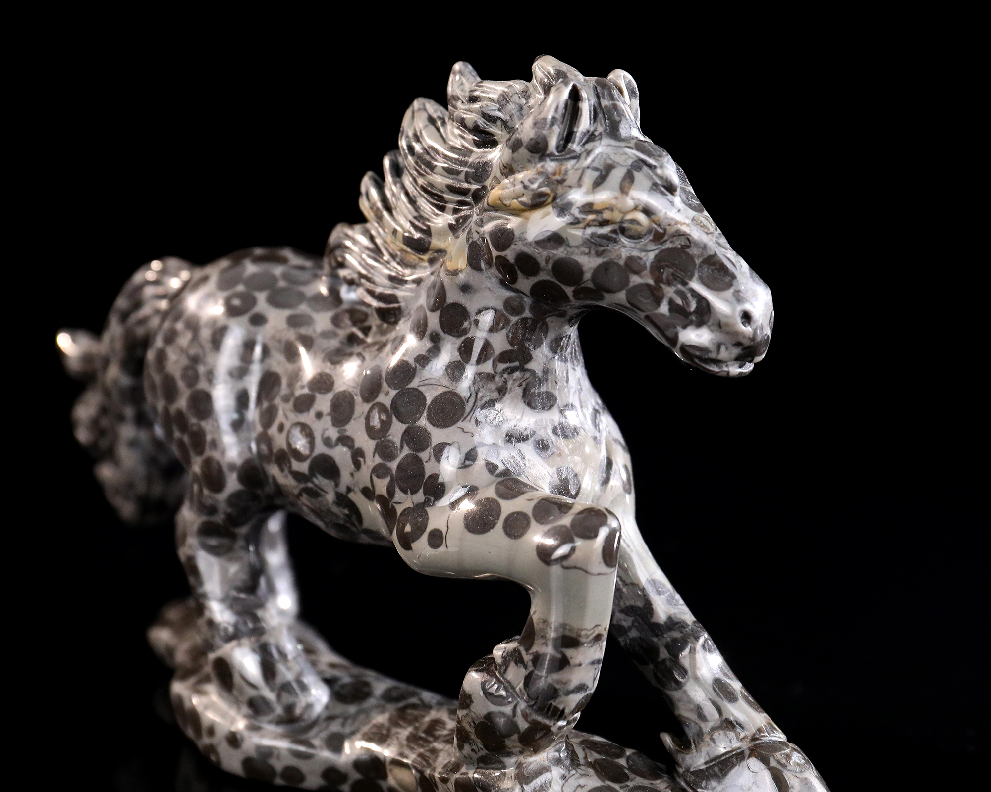 Natural Leopard Skin Stone Galloping Horse Carving Handcrafted Gemstone Sculpture