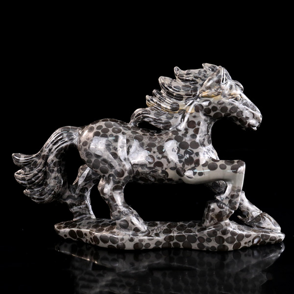 Natural Leopard Skin Stone Galloping Horse Carving Handcrafted Gemstone Sculpture