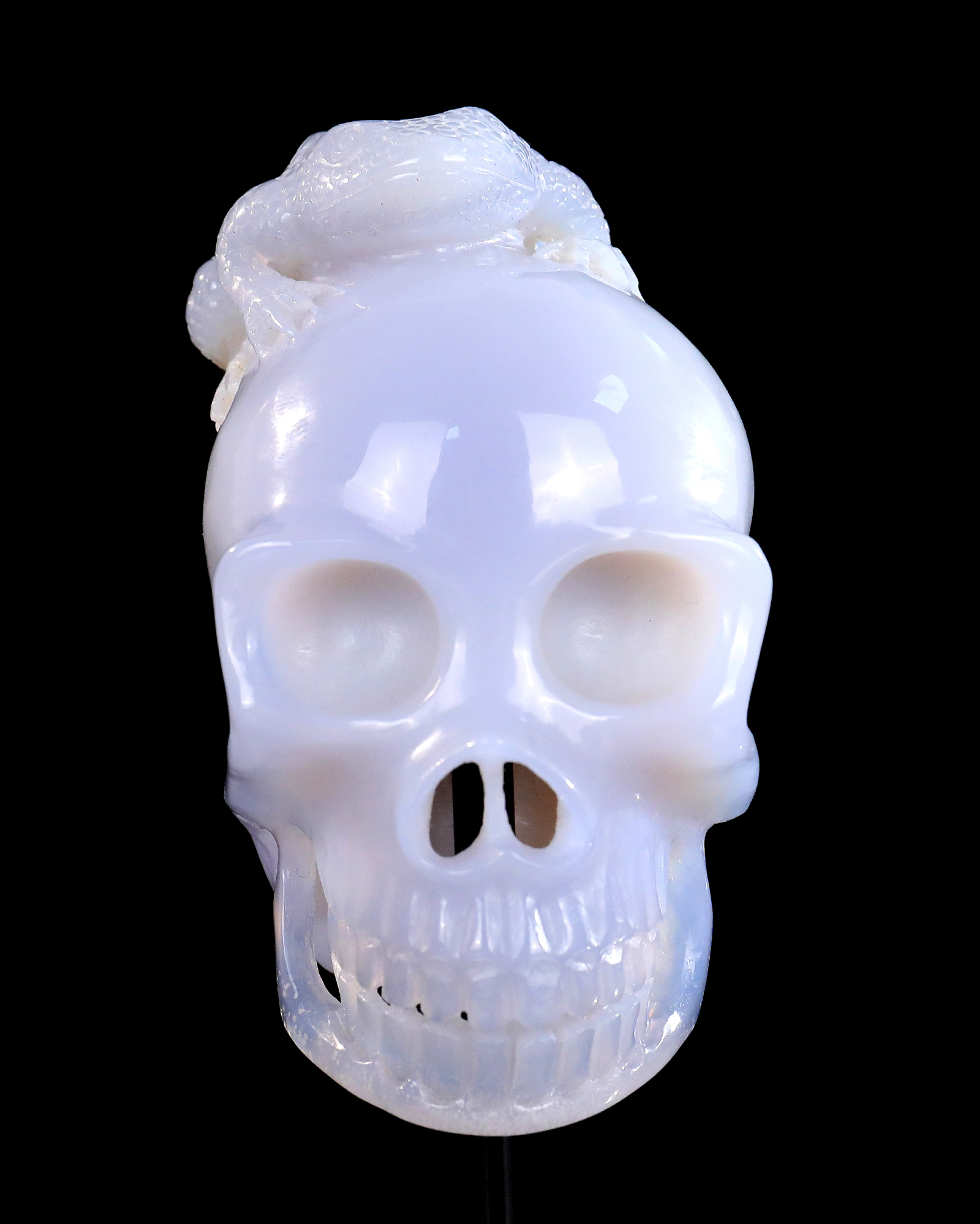 Blue Chalcedony Golden Toad on Skull Carving Hand-Carved Crystal Decorative Ornament