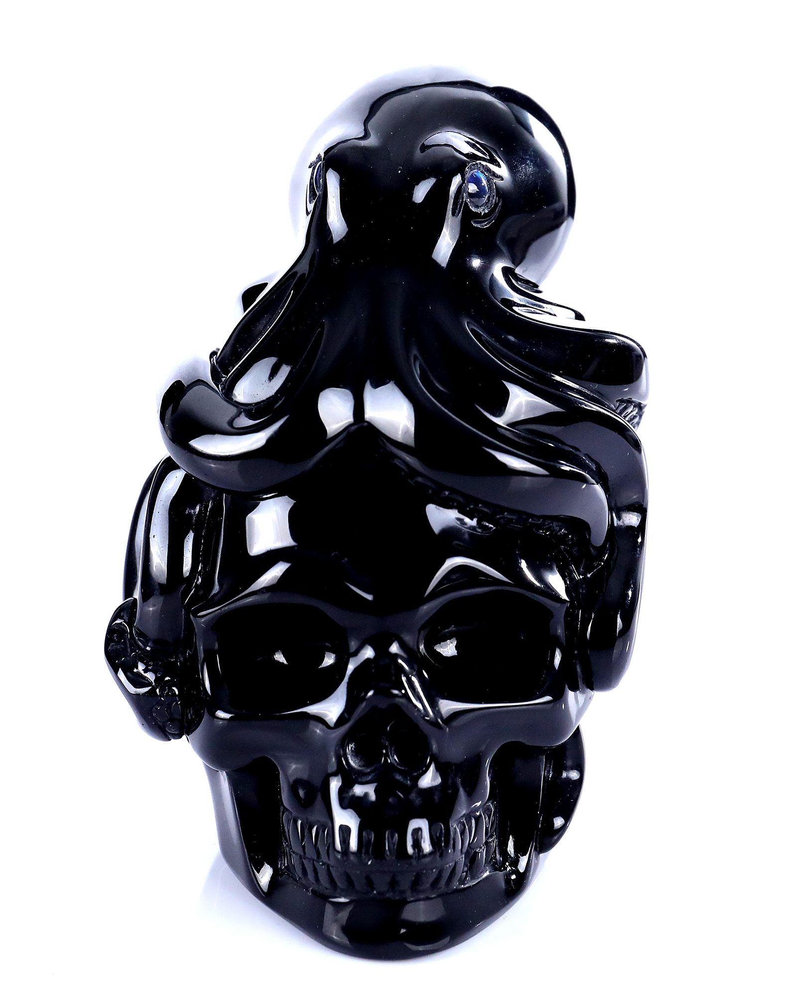 5.0" Black Obsidian Skull Carving with Handcrafted Octopus Accent Natural Stone Sculpture