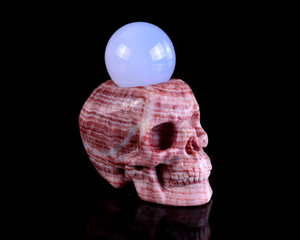 2.2" Red Zebra Agate Hand Carved Crystal Realistic Skull Ball Stand Sculpture