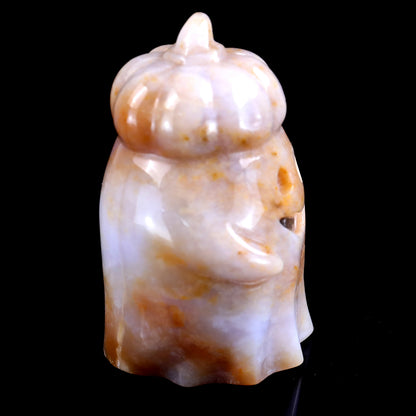 3.1” Natural Chalcedony Hand Carved Crystal Pumpkin Ghost Sculpture, Halloween Gift