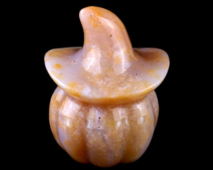 2.2” Natural Chalcedony Hand Carved Crystal Wizard Pumpkin Sculpture, Halloween Gift