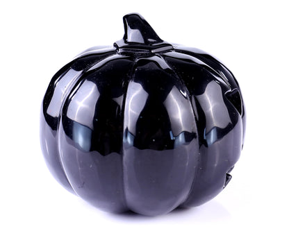 3.5” Natural Black Obsidian Hand Carved Crystal Pumpkin Sculpture, Halloween Gift