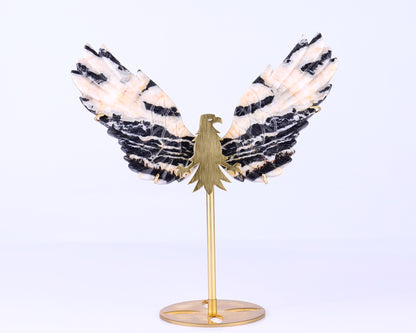 5.1" Black and White Zebra Agate Hand Carved Crystal Eagle Wings Sculpture