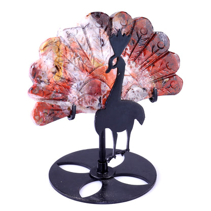 3.3" Red Crazy Lace Agate Hand Carved Crystal Peacock Tail Wings Sculpture