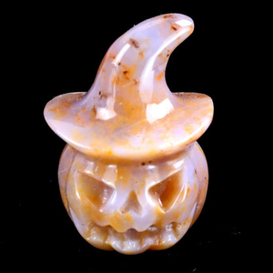 2.3” Natural Chalcedony Hand Carved Crystal Wizard Pumpkin Sculpture, Halloween Gift