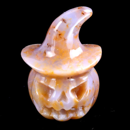 2.3” Natural Chalcedony Hand Carved Crystal Wizard Pumpkin Sculpture, Halloween Gift