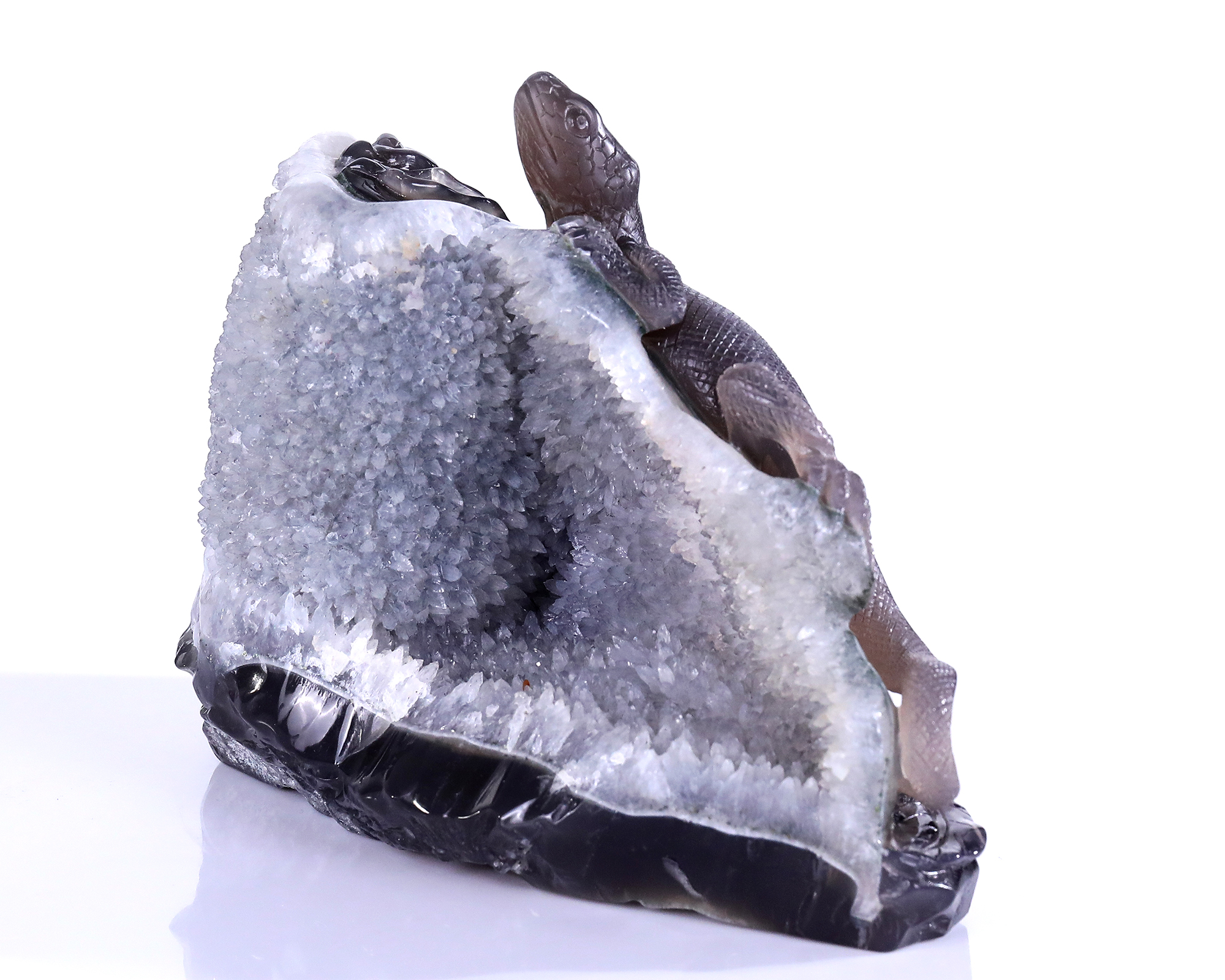 8.8" Handmade White Crystal Cluster Agate Lizard Carving, Exquisite Gemstone Sculpture for Decor & Collection