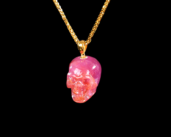20mm Mini Hand Carved Ruby Skull Pendant - 18K Gold Clasp Luxury Gemstone Jewelry