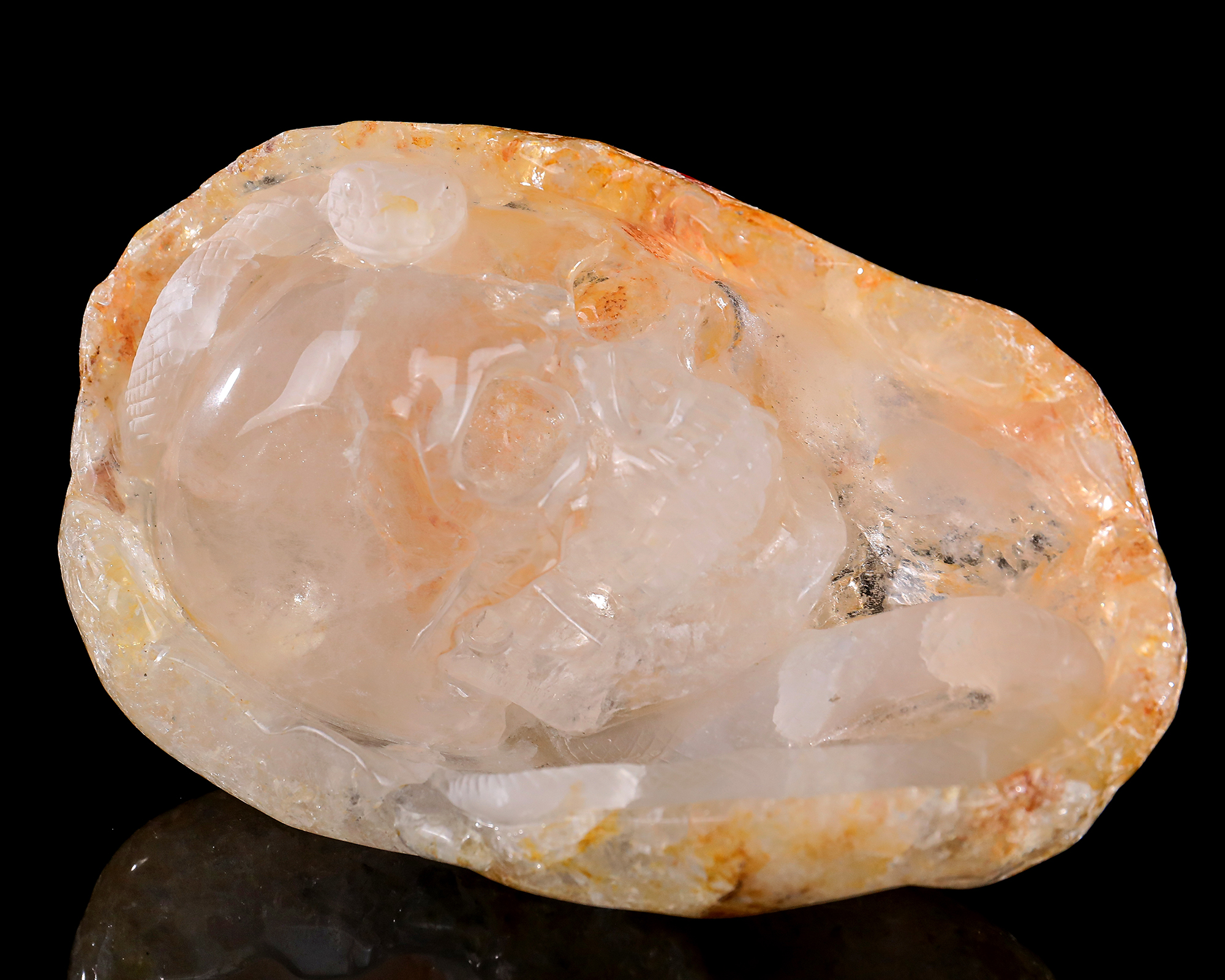 Hand-Carved 6-inch Clear Quartz Skull & Snake – Natural Gemstone Art for Mystical Collectors