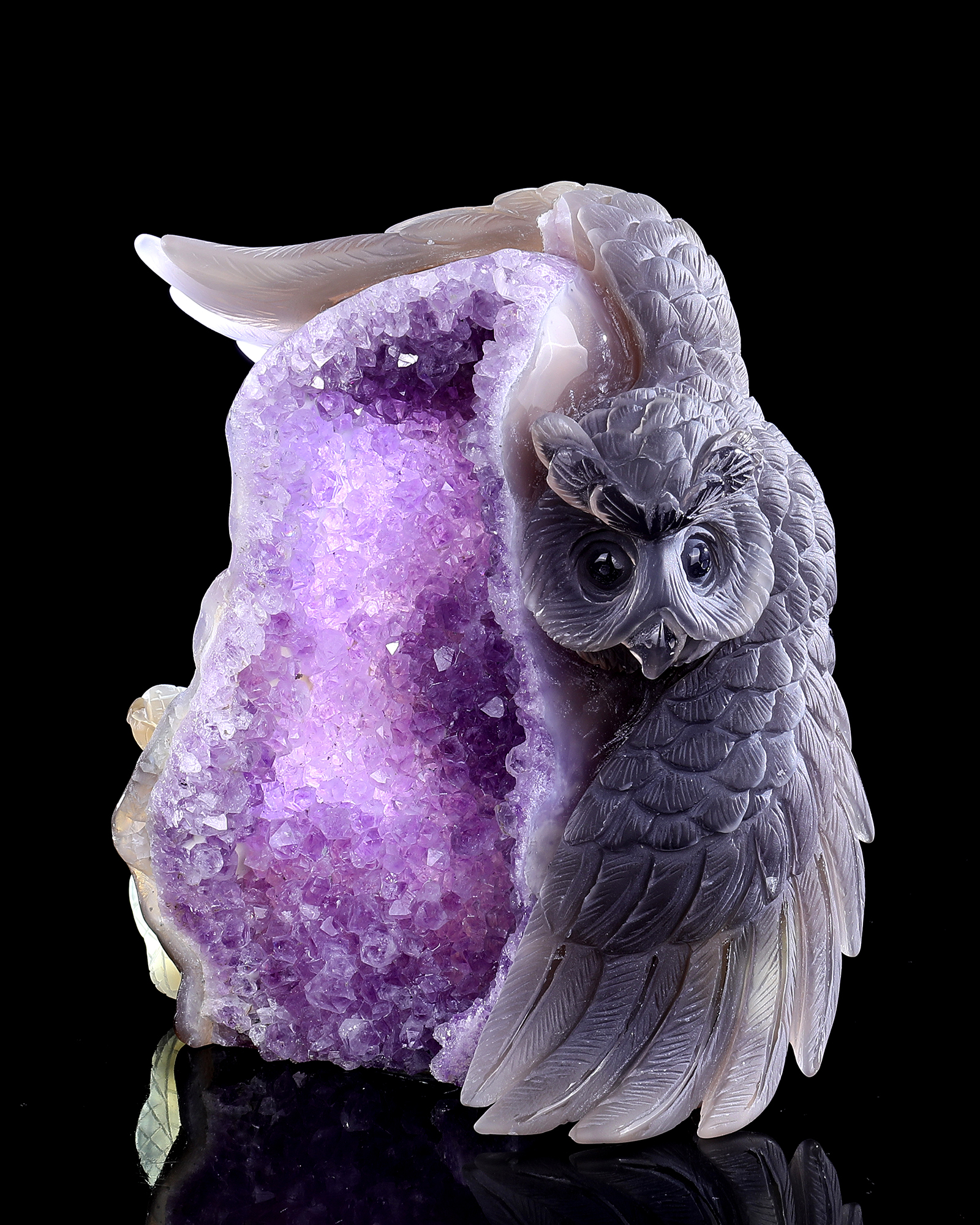 Hand-Carved Amethyst Cluster Owl & Snake Sculpture - Natural Gemstone Artifact for Crystal Collectors, Home Accent & Spiritual Healing