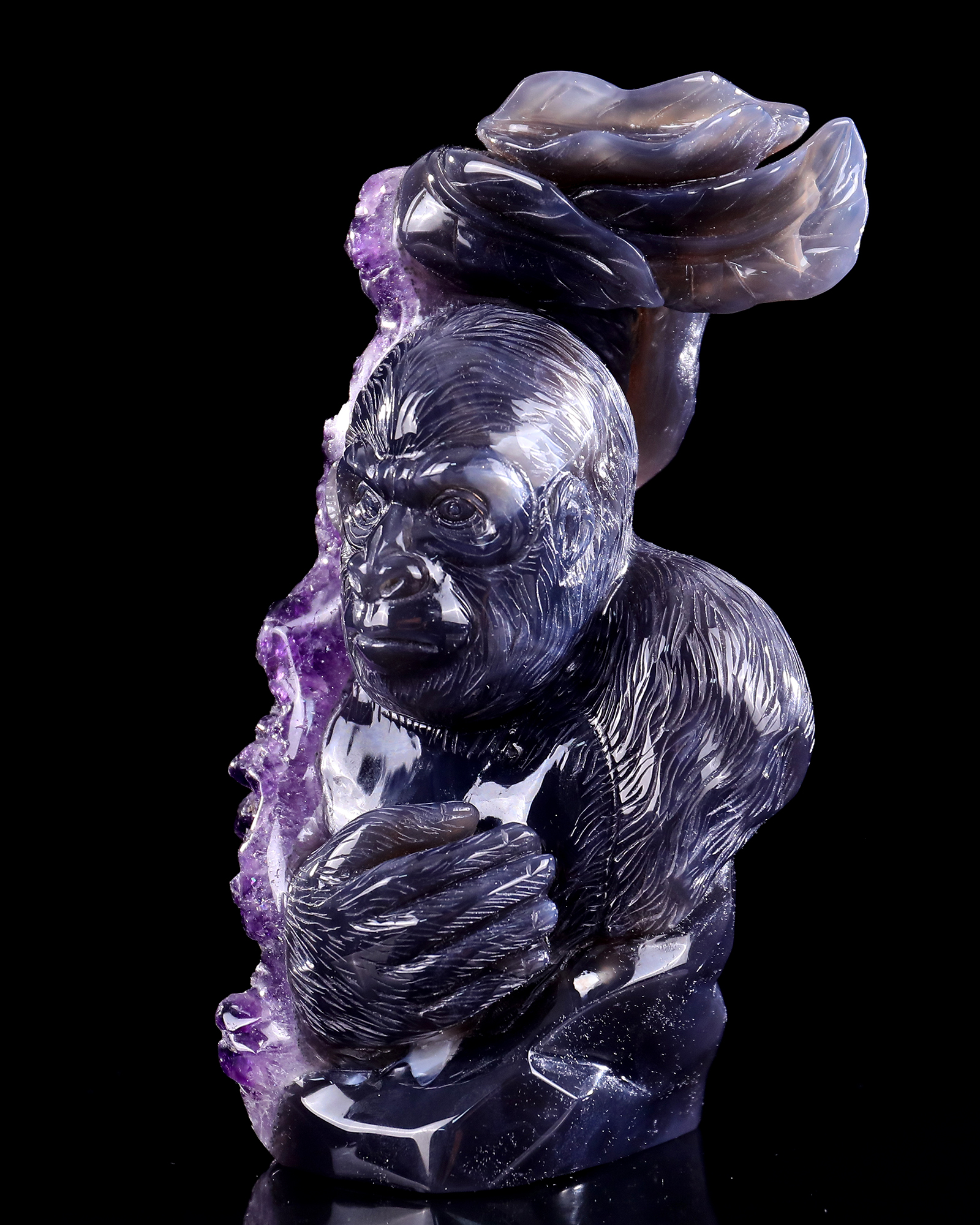 7.7 Inch Amethyst Cluster Gorilla Sculpture - Hand-Carved Crystal Figurine with Lifelike Design 