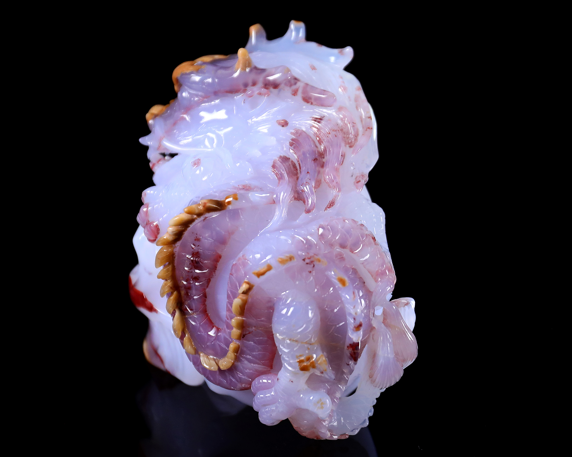 6 Inch Hand-Carved Natural Blue Chalcedony Skull with Chinese Dragon | Rare Multi-Color Gemstone with Geode