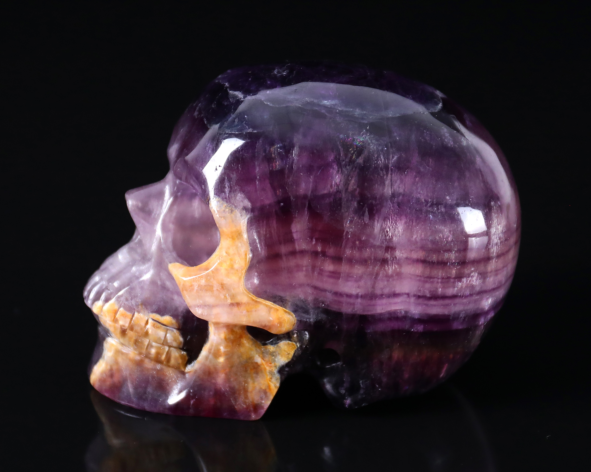Hand-Carved Fluorite Skull: Vibrant Natural Colors & Translucent Crystal Craft