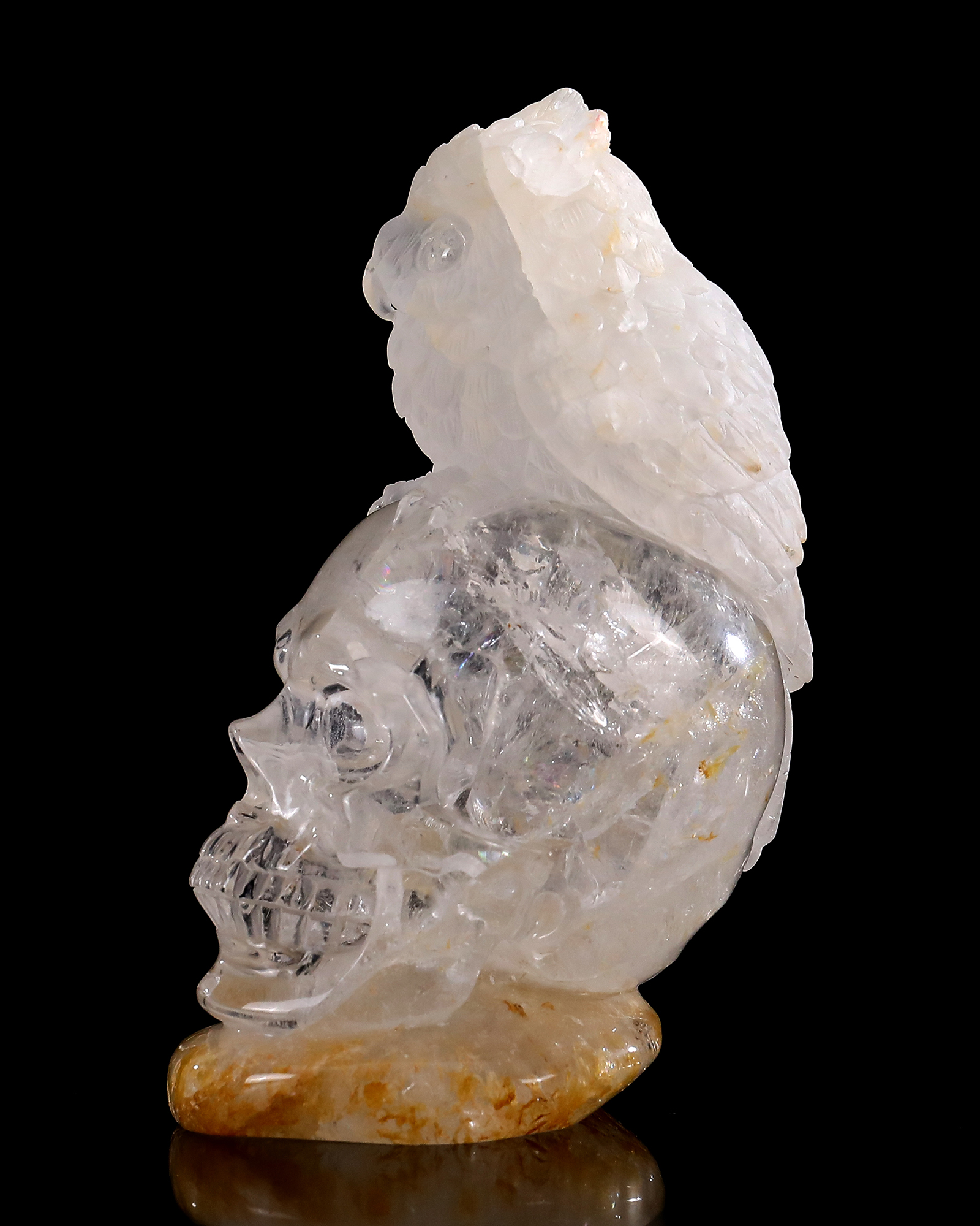 6 Inch Handcrafted Clear Crystal Skull with Owl Accent – Artisanal Carved Spiritual Decor