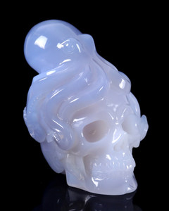 6.5 Inch Blue Chalcedony Hand-Carved Skull & Octopus Sculpture - Exquisite Craftsmanship Artwork