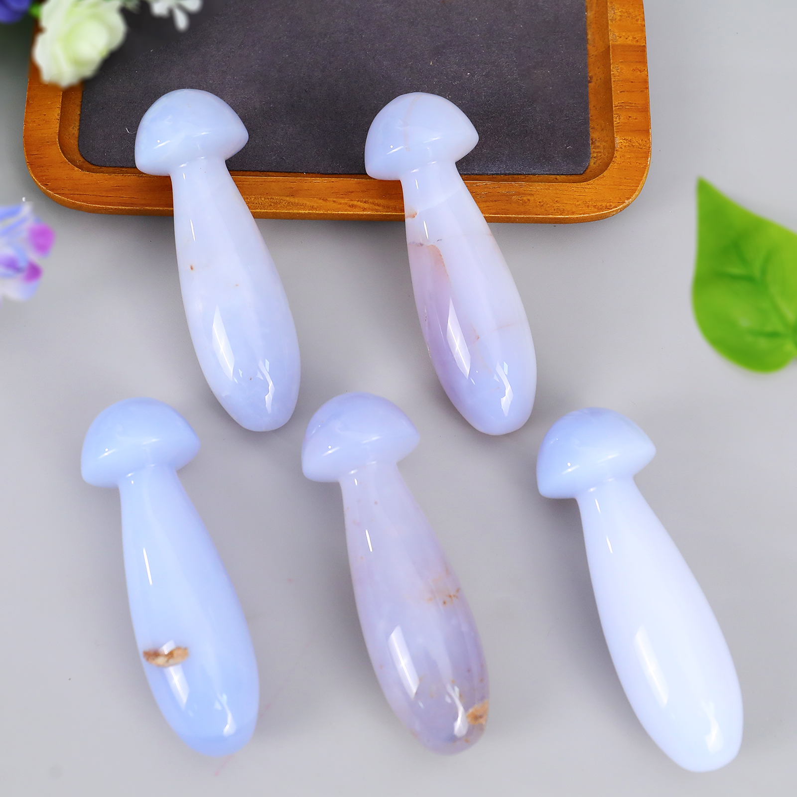 Natural Turkish Blue Chalcedony Mushroom-Shaped Massage Stick - Premium Handheld Tool for Full-Body Relaxation & Muscle Tension Relief