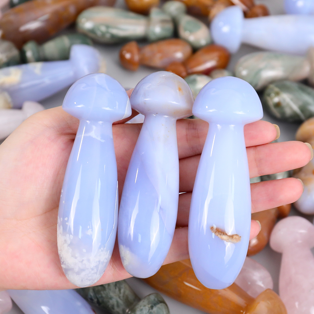 Natural Turkish Blue Chalcedony Mushroom-Shaped Massage Stick - Premium Handheld Tool for Full-Body Relaxation & Muscle Tension Relief