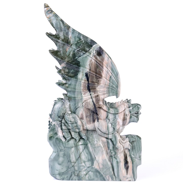  14" Jiulong Jade Hand Carved Crystal Dragon Sculpture