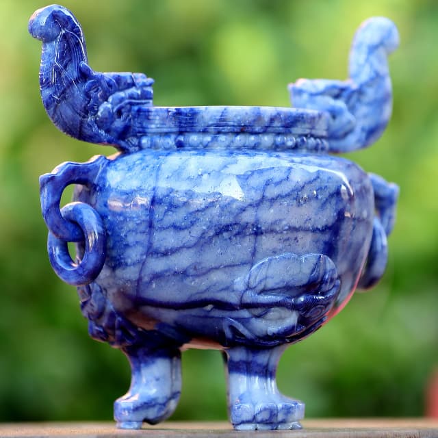 8.3” Natural Blue Aventurine Hand Carved 3 Foot Censer, Gemstone Tripod