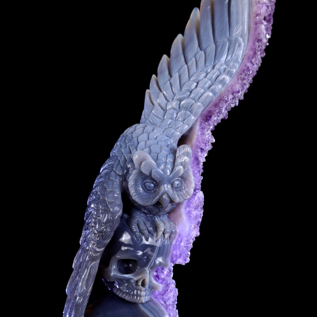 11.8" Amethyst Druse Agate Hand Carved Skulls and Owl Sculpture