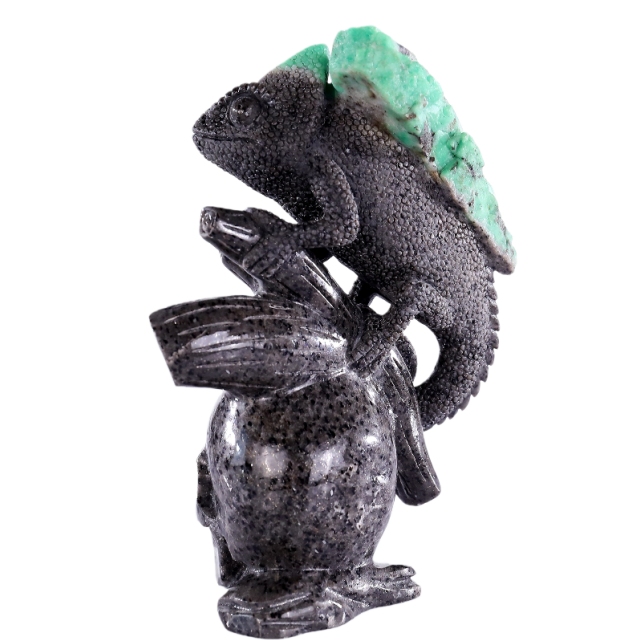 6.0" Natural Emerald Hand Carved Crystal Lizard and Skull Sculpture