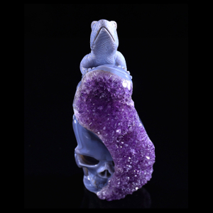7.9" Amethyst Druse Agate Skull & Lizard Sculpture, Natural Crystal Gemstone Artifact for Luxury Decor