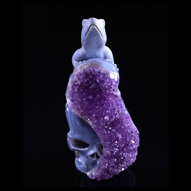 7.9" Amethyst Druse Agate Skull & Lizard Sculpture, Natural Crystal Gemstone Artifact for Luxury Decor