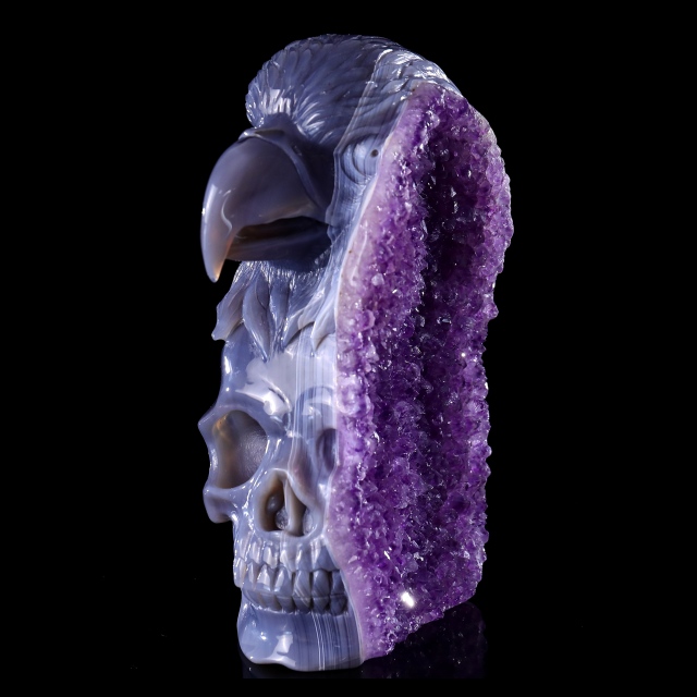 Unique 7.2" Amethyst Druse Agate Skull with Eagle – Hand Carved Crystal & Mineral Specimen Sculpture for Collectors And Healing