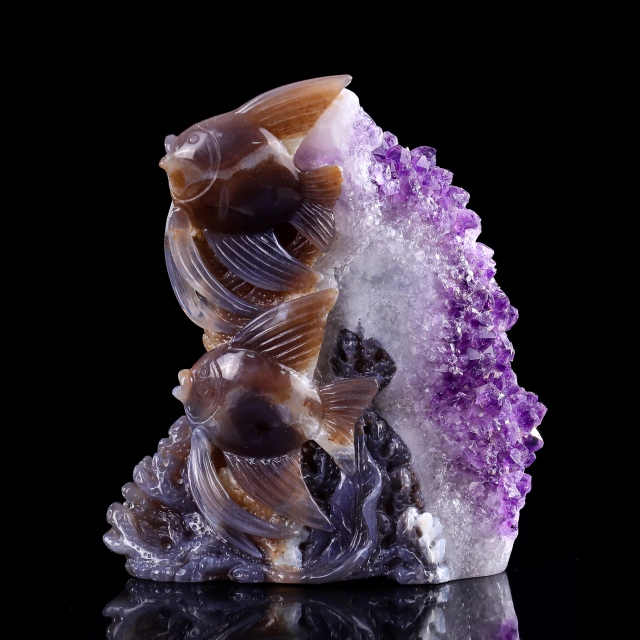 6.7" Amethyst Cluster Fish Carving, Exquisite Gemstone Sculpture for Decoration & Blessings