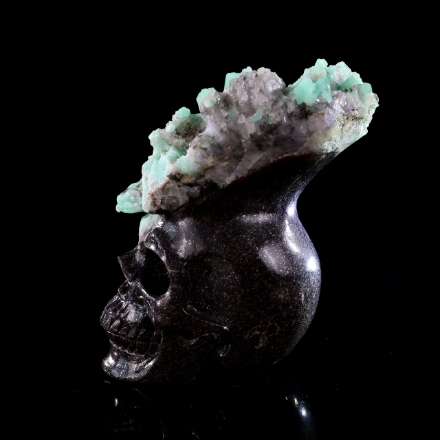 5.5" Natural Emerald Skull and Snake Sculpture, Handcrafted Gemstone Artwork for Collection & Decoration