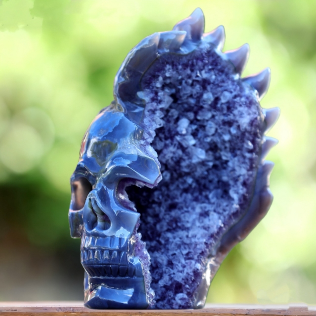 8.9" Amethyst Geode Agate Hand Carved Crystal Geode Skull Sculpture