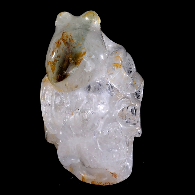 Hand-Carved 4-inch Clear Quartz Skull + Frog – Natural Gemstone Art for Curious Collectors
