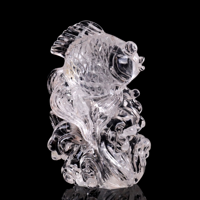 5-inch Hand Carved Clear Quartz Goldfish Decoration - Auspicious Gemstone Sculpture for Luck & Décor