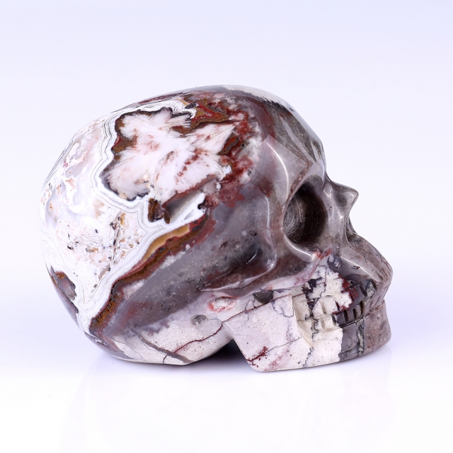 3.0" Red Crazy Lace Agate Hand Carved Crystal Realistic Skull Sculpture