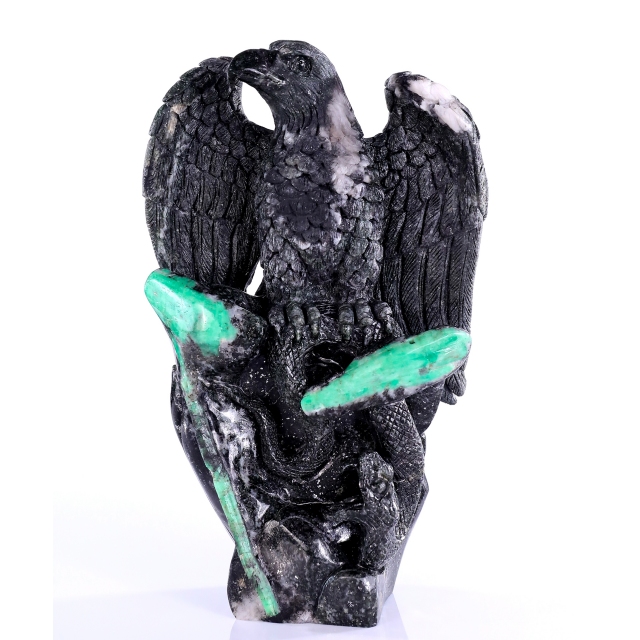 9.4" Emerald Hand Carved Crystal Eagle Catching Snake Sculpture